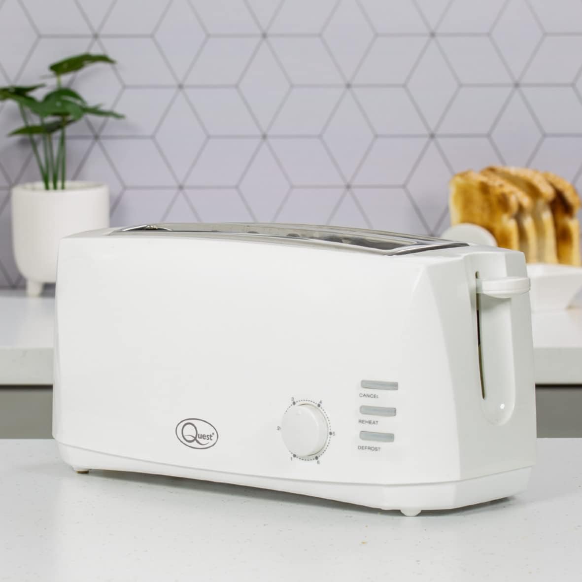 Quest 4 Slice Toaster White - Extra Wide Long Slots for Crumpets and Bagels - 6 Settings - Reheat and Defrost