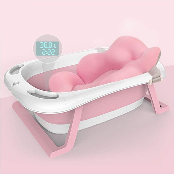 U HOOME Baby Bath Tub, Non-Slip Foldable Children Lying Bathtub Shower Sink with Heat Thermometers and Floating Bath Pillow for Newborn, 0-8 Years Children-Pink with pillow