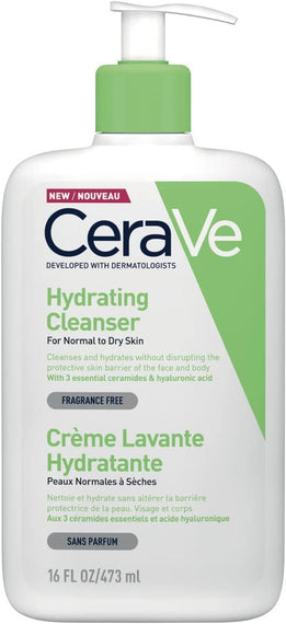 CeraVe Hydrating Cleanser Face and Body Wash for Normal to Dry skin with Hyaluronic Acid and Ceramides Fragrance Free Paraben Free 16Oz, 473 ML