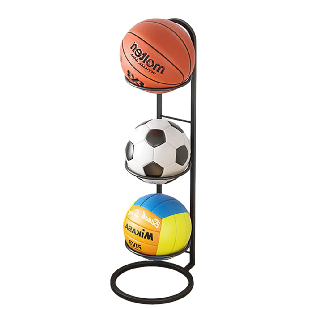 Owving Basketball Rack Home Basketball Organizer Freestanding 3 Tier Storage Holder Indoor Outdoor Movable Vertical Display Stand for Volleyball Football Basketball