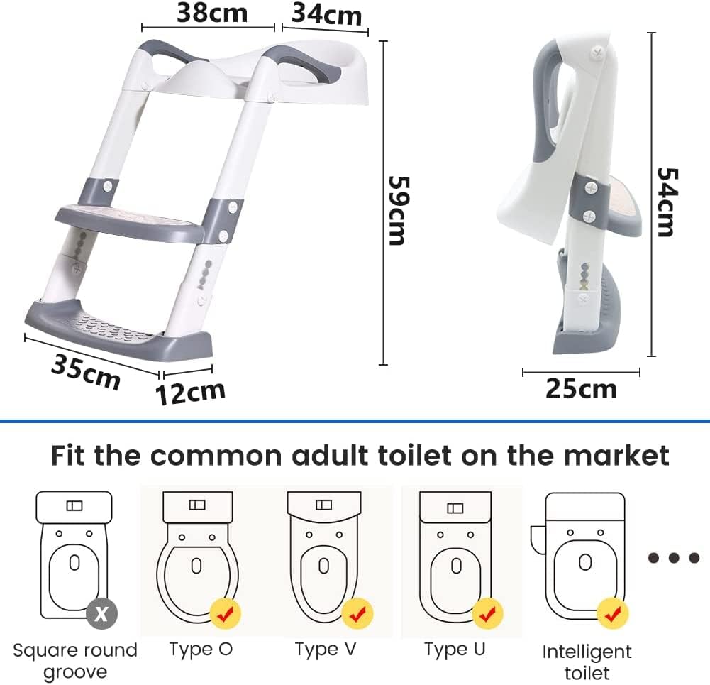 DMG Potty Training Seat, Kids Toilet Training Seat with Step Stool, Foldable Portable Potty Chair with Adjustable Height Ladder Guard Handle Soft Cushion White for Baby Toddler Boys Girls (Grey)