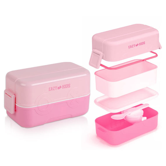 Eazy Kids Double Decker tic-tac-toe Lunch Box w/Bento Compartment Splitter Sauce Box and Spoon-Pink (1200ml)