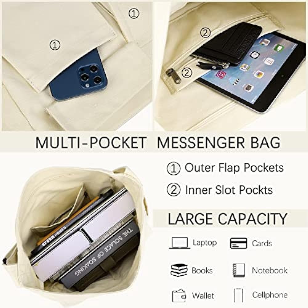 Canvas Messenger Bag Large Hobo Crossbody Bag with Multiple Pockets Canvas Shoulder Tote Bag for Women and Men