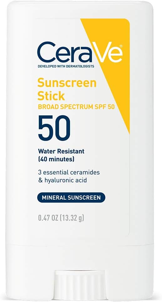 CeraVe Zinc Oxide, Titanium Dioxide, Hyaluronic Acid and Ceramides SPF 50, Fragrance Free Mineral Sunscreen Stick for Kids & Adults (0.47oz)