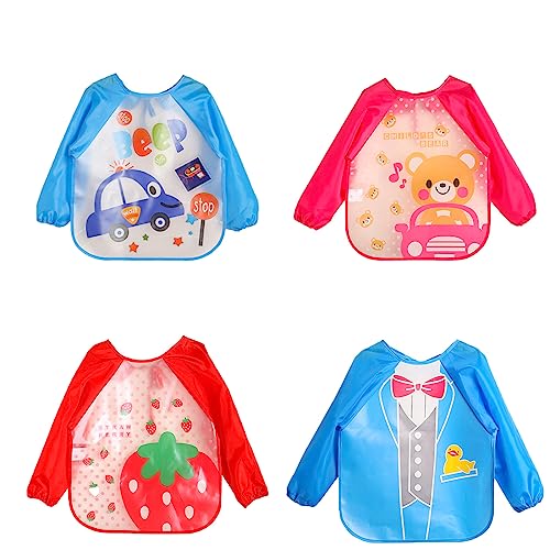 Baby Bibs with Sleeves, 4 Pcs Waterproof Long Sleeve Bib, Unisex Weaning Bib for Infant Toddler 6 Months to 3 Years Old, Include Car, Strawberry, Bear & Duck Pattern