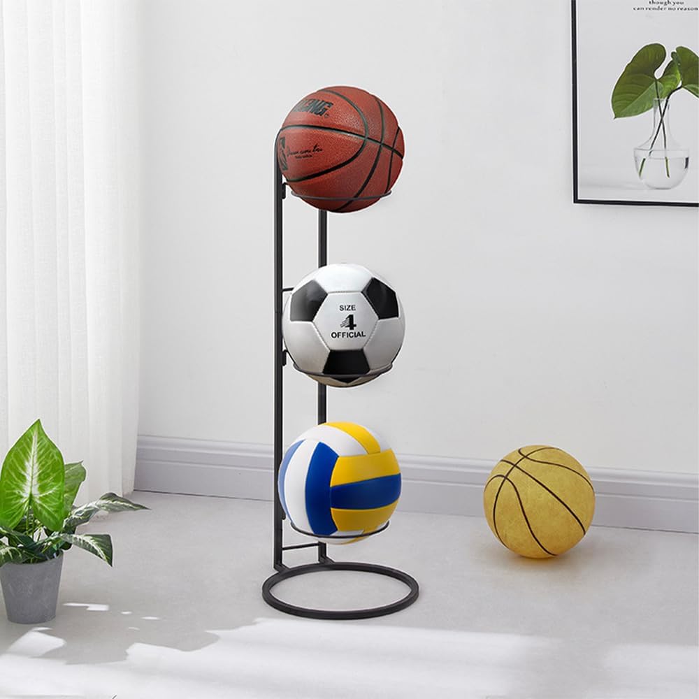 Owving Basketball Rack Home Basketball Organizer Freestanding 3 Tier Storage Holder Indoor Outdoor Movable Vertical Display Stand for Volleyball Football Basketball