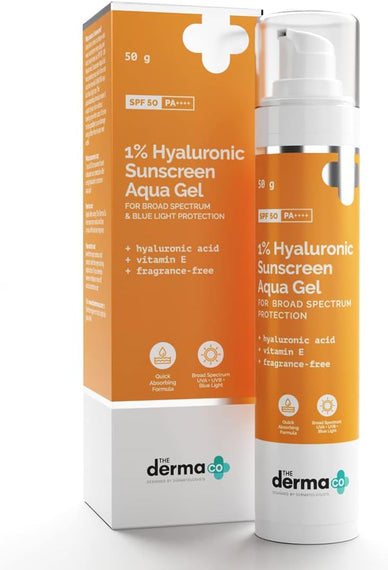 The Derma Co 1% Sunscreen Aqua Ultra Light Gel with SPF 50 PA++++ For Broad Spectrum, UV A, UV B & Blue Light Protection - 50g