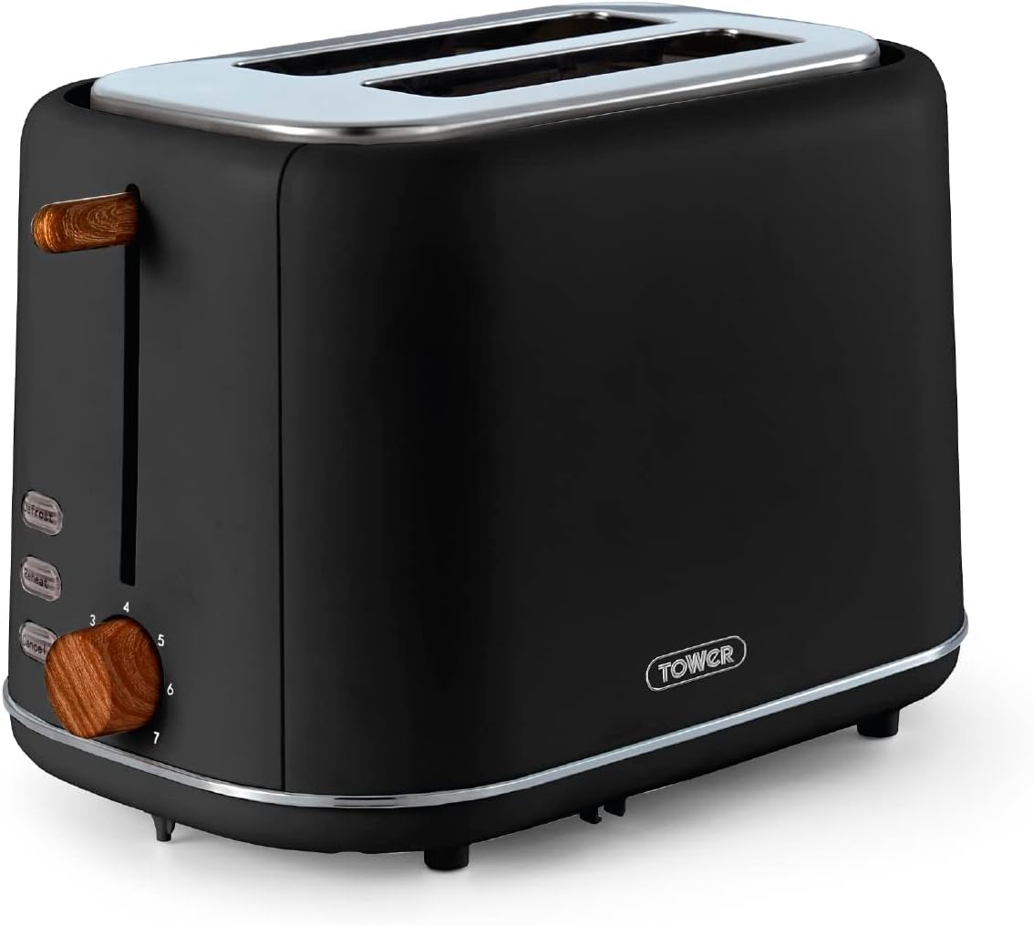 TOWER T20027BLK Scandi 2 Slice Toaster with Adjustable Browning Control, Centring Function, 800W, Black