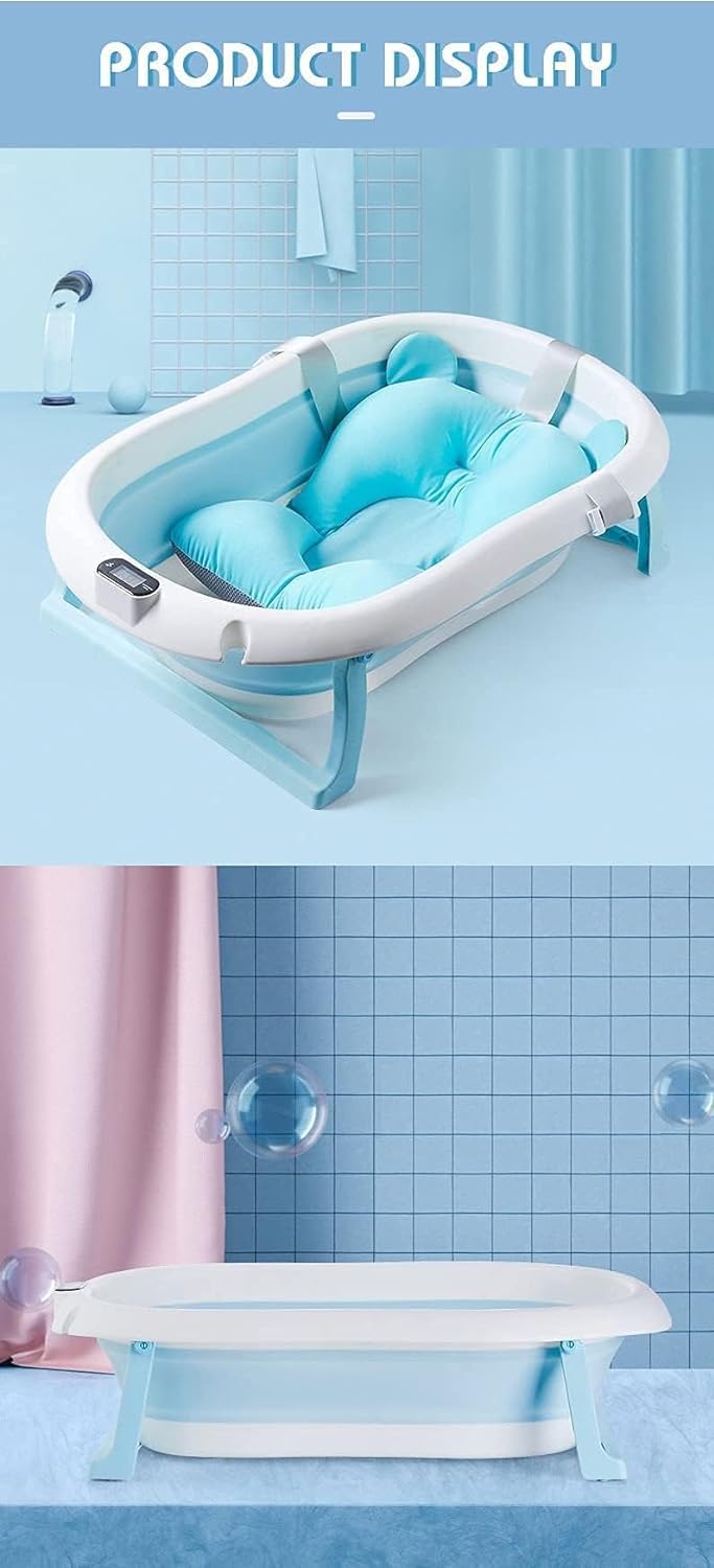 مجموعة حوض استحمام للاطفال قابلة للطي مع مقياس حرارة حساس + وبساط للحمام ووسادة للاستحمام من سمارت_فيوتشر. حوض استحمام امن للاستلقاء والجلوس للاطفال حديثي الولادة والاطفال الصغار، مقاس L (ازرق)