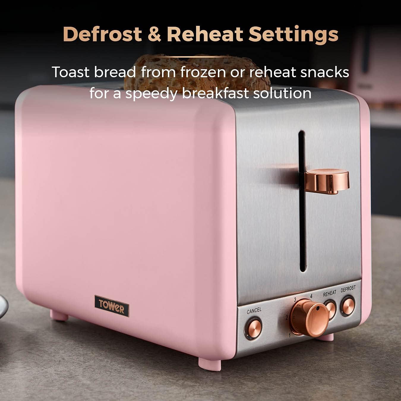 Tower T20036PNK Cavaletto 2-Slice Toaster with Defrost/Reheat, Stainless Steel, 850 W, Marshmallow Pink and Rose Gold