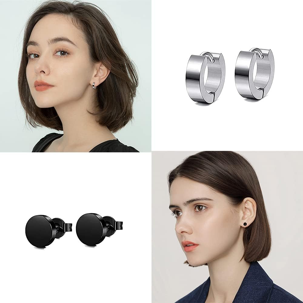 ORiTi 316L Surgical Stainless Steel Stud Earrings Set for Women Mens Small Hoop Earrings Hypoallergenic Tunnel Punk Style Round Ear Piercing Jewelry(Black Silver)