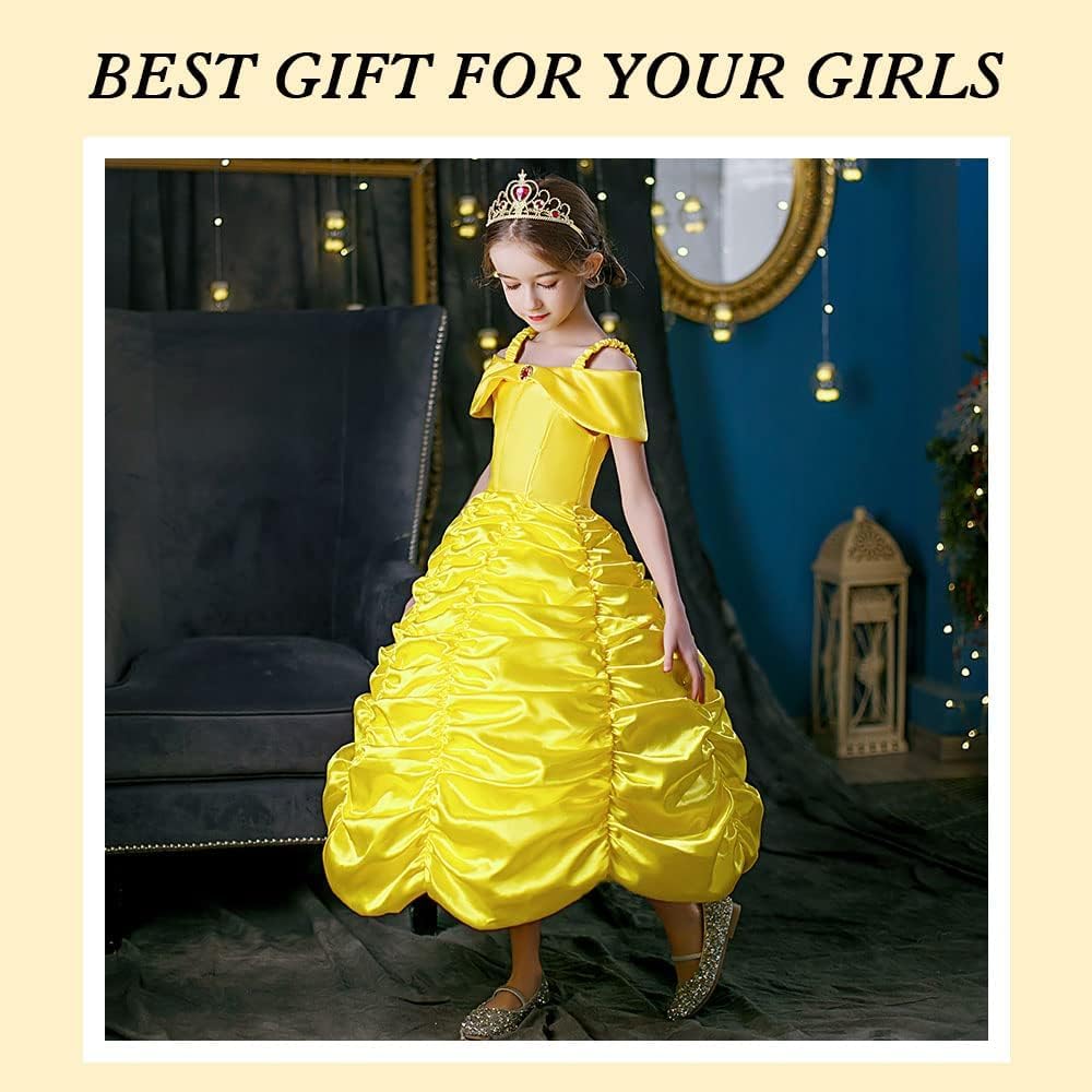 Princess Belle Fancy Dress Up Party Costumes Dresses, Princess Belle Costume Dress, Costume Dress with Crown Wand Gloves Necklace Ring and Earrings, Suitable for Cosplay, Girls Party (Yellow)