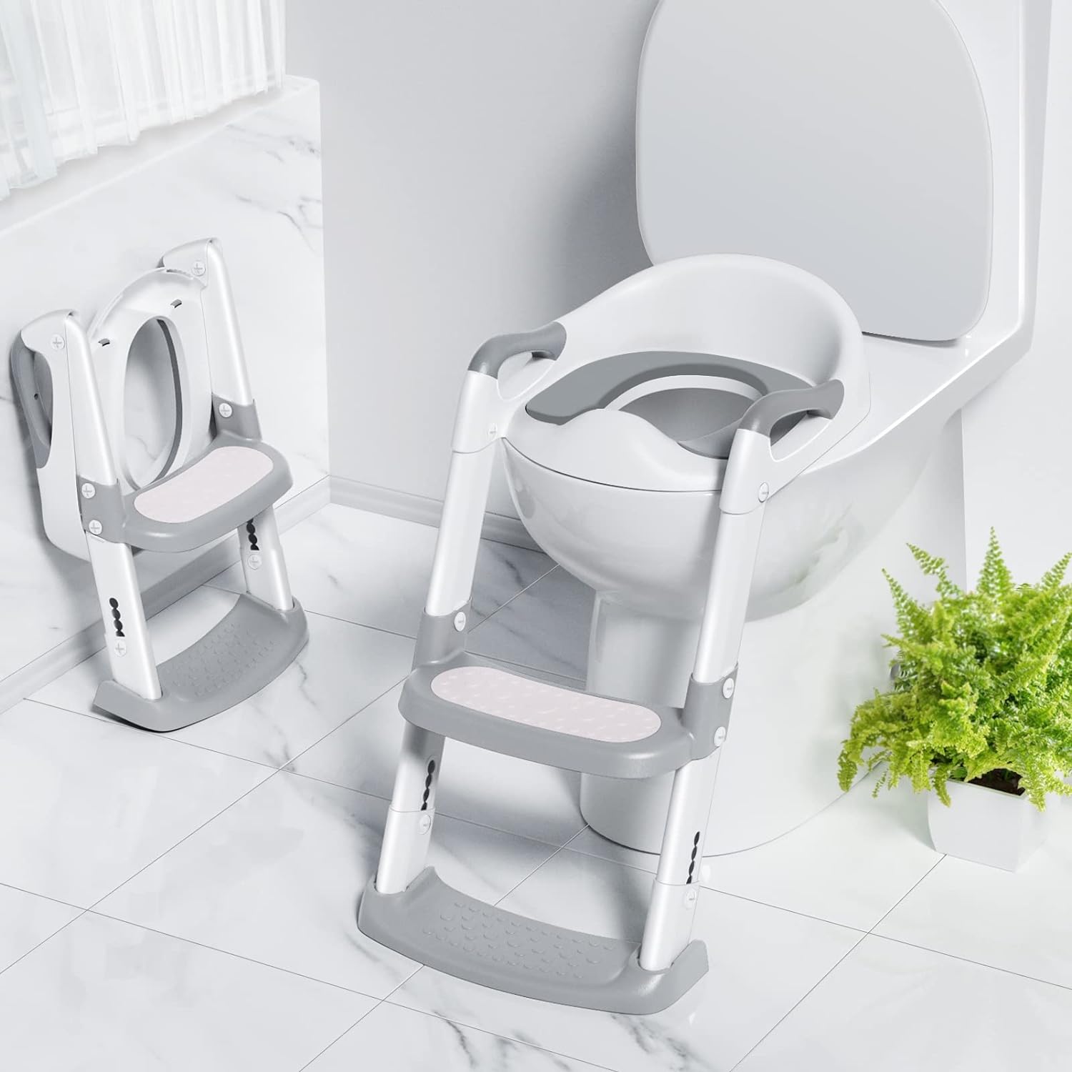 DMG Potty Training Seat, Kids Toilet Training Seat with Step Stool, Foldable Portable Potty Chair with Adjustable Height Ladder Guard Handle Soft Cushion White for Baby Toddler Boys Girls (Grey)