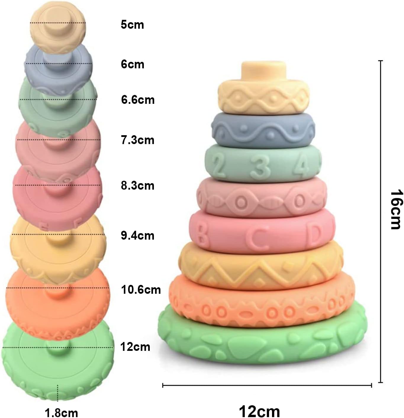 Arabest 8pcs Soft Building Blocks, Baby Stacking and Nesting Toys, Silicone Stacking Rings Toy Stacker, Natural Baby Toys, Educational Squeeze Teether Sensory Montessori Toys for Babies 6 12 Months