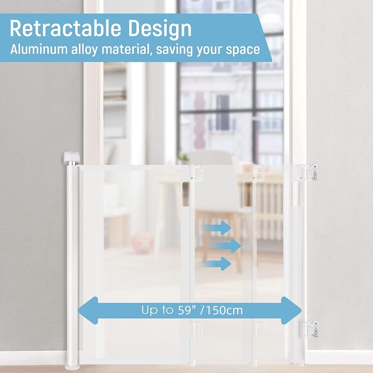 WAMBORY Baby Gate, Auto Close Safety Baby Gate, 150cm*86cm Baby Gate Stairs, Retractable Baby Gate for Doorway for Kids or Pets, Indoor and Outdoor Dog Gates (white)