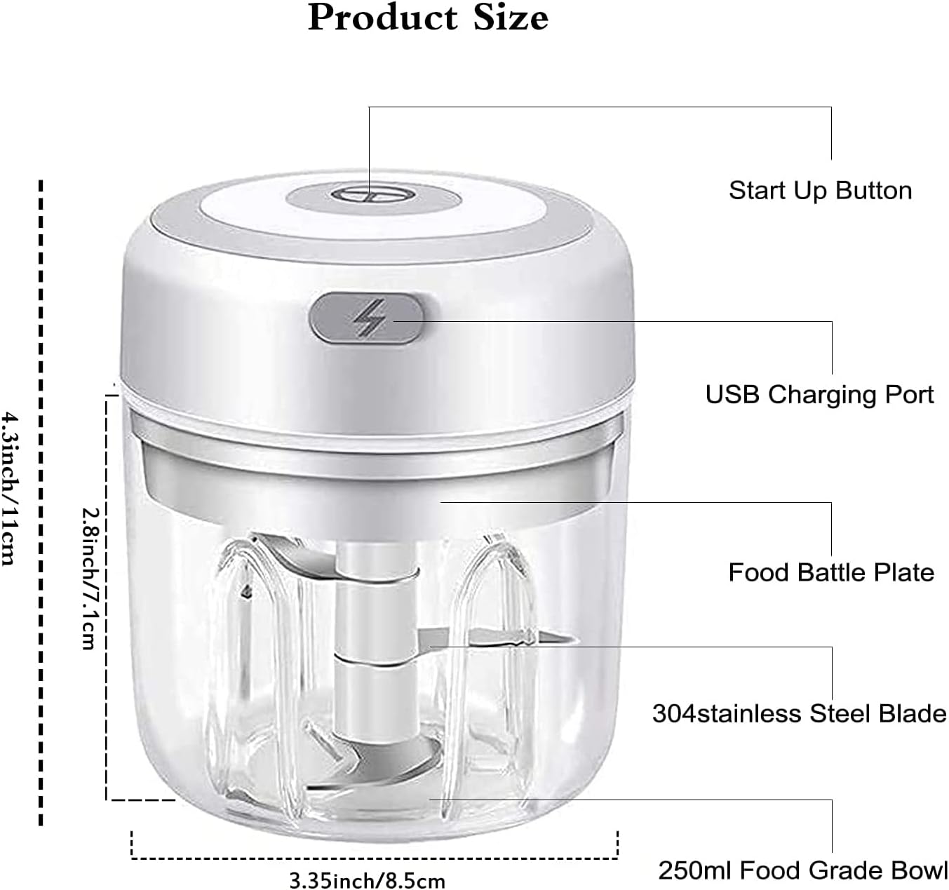 Electric Mini Garlic Chopper,Portable Mini Mincer Electric Food Processor, garlic mincer onion veggie chopper,250ml Mini Baby Food Maker Presses for Chili Meat Spices Chopper Blender Machine