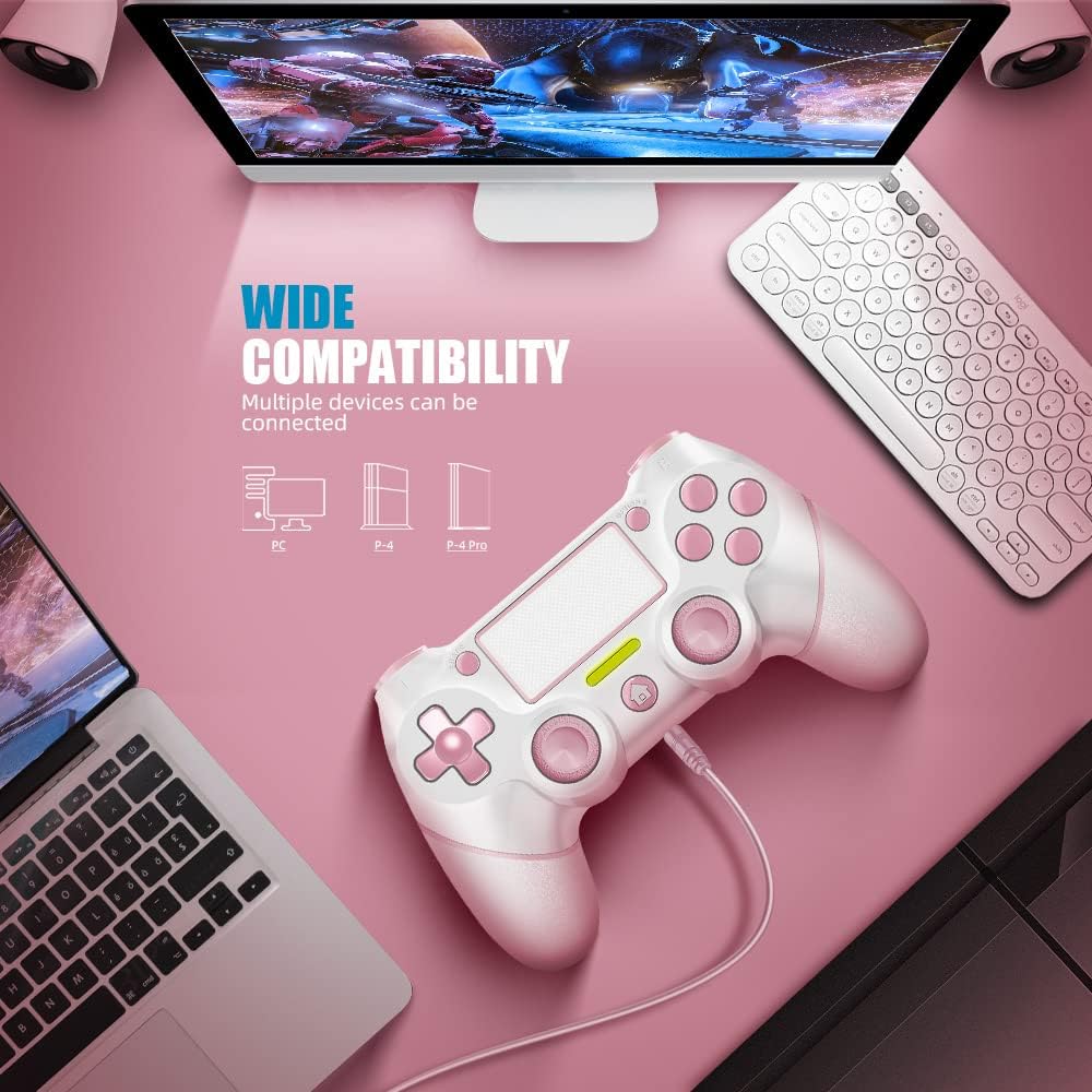 AceGamer Wireless Controller for PS4, Custom Design V2 Gamepad Joystick for PS4 with Non-Slip Grip of Both Sides and 3.5mm Audio Jack! Thumb Caps Included! (Pink-White)