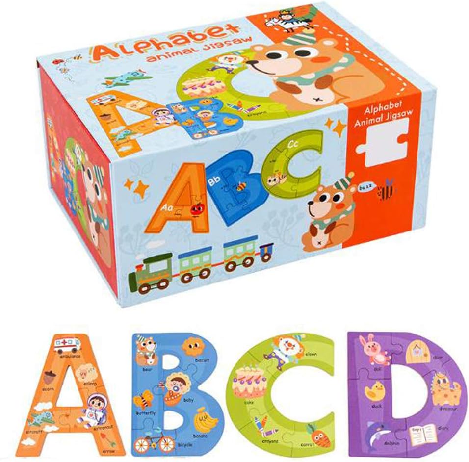 Wooden Jumbo Alphabet ABC Letter Toddler Puzzles Color Shape Animals Recognition Montessori STEM Jigsaw Preschool Learning Educational Toy for Kids 3 4 5 Years Old Boys Girls Gift