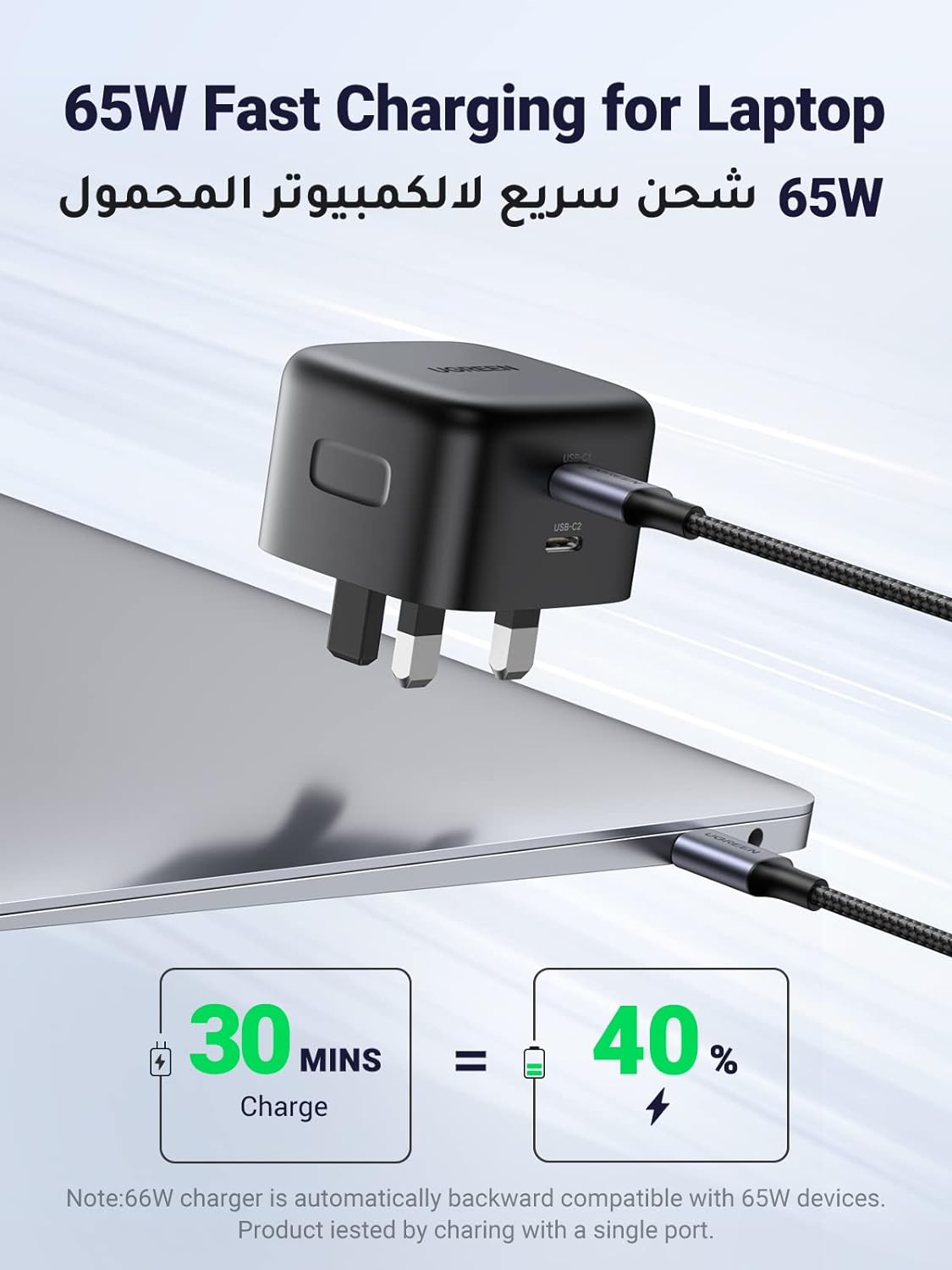 UGREEN 65W USB C PD Charger, GaN Charger Dual Type C Wall Charger Plug, USB Power Adapter Compatible with Macbook, iPhone, iPad, XPS, Matebook, Lenovo, Steam Deck, HP, Asus, Acer, and More Laptops