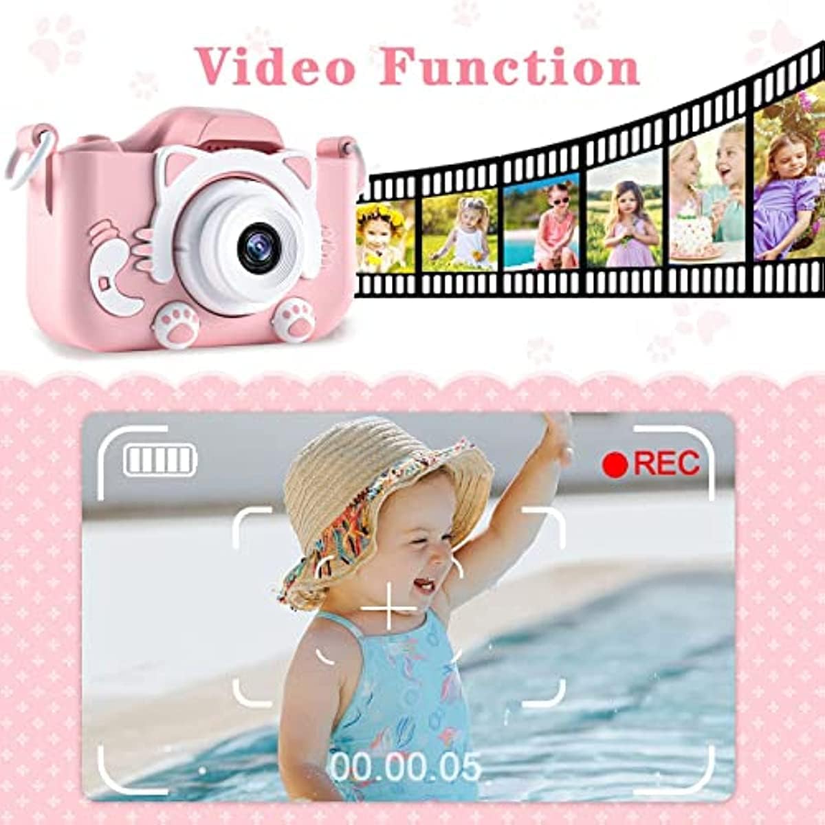 Malay Kids Camera,1080P HD Digital Video Camera Toy for 3-12 Year Old Boys/Girls, Birthday Festival Gifts for Kids,USB Rechargeable Kids Selfie Camera with 32GB SD Card and card reader(Pink)