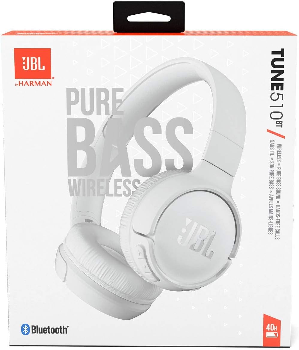 JBL Tune 510BT Wireless On Ear Headphones, Pure Bass Sound, 40H Battery, Speed Charge, Fast USB Type-C, Multi-Point Connection, Foldable Design, Voice Assistant - White, JBLT510BTWHTEU