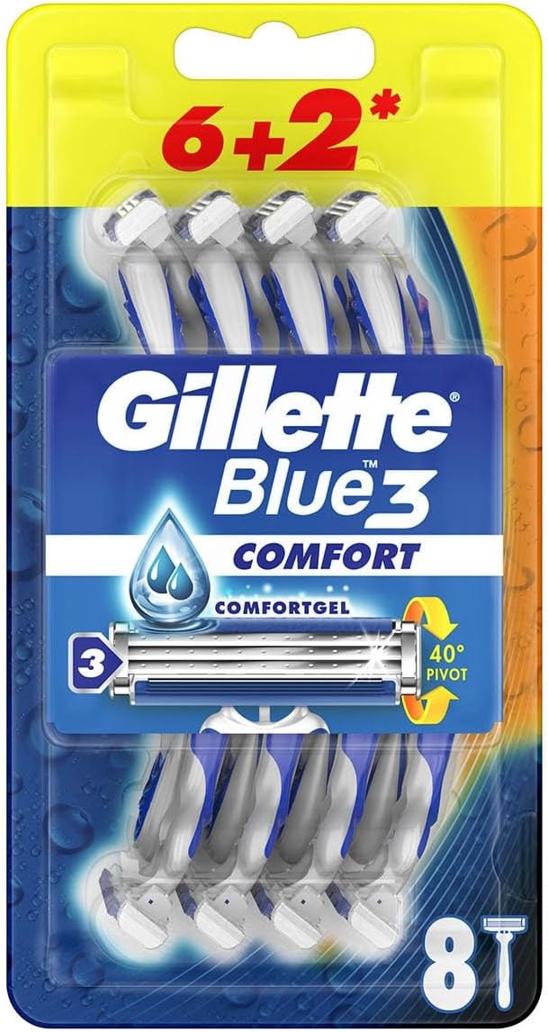 Gillette Blue 3 Disposable Razors With Comfort Gel For Men - 8 Pieces