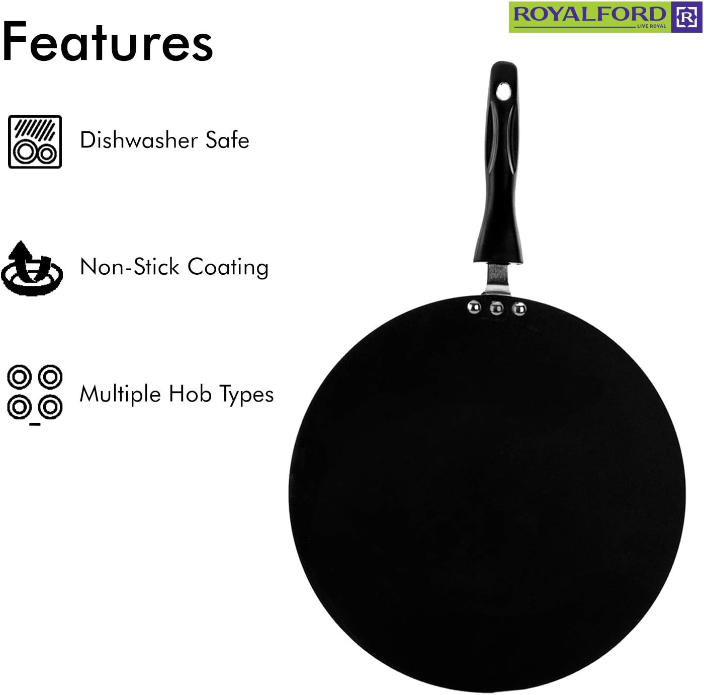 Royalford Rf2013-T30 30 cm Non Stick Tawa - Marble Coating Pan Suitable For Crepe Chapatti Pancakes Roti Dosa Flatbread Or Naan Bread - 3 Layer Non-Stick Surface | 1 Year Warranty, Black