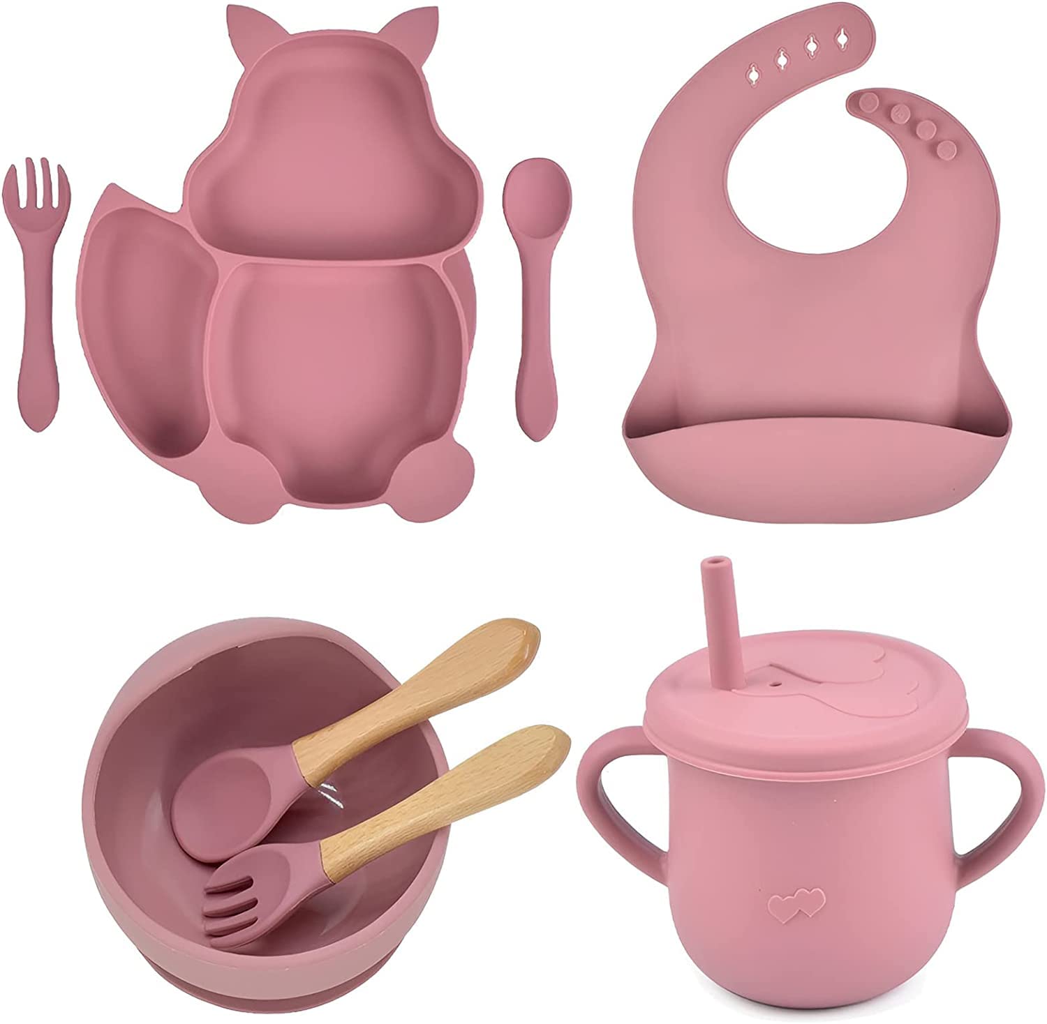 8Pcs Baby Feeding Set, Toddler Feeding Set, Bowl, Straw Cup with Suction, Silicone &Wooden handle spoon and fork, Baby Eating Supplies, Utensils 6-12 Months, Baby Gifts, BPA Free (Pink)