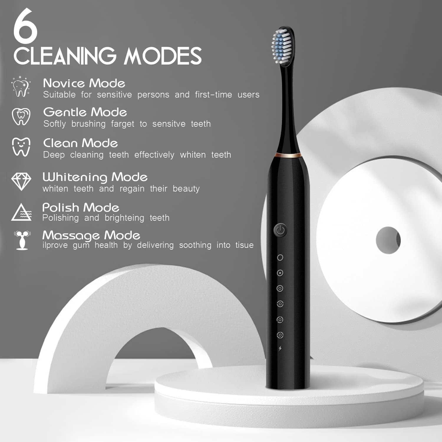 Sonic Electric Toothbrushes, Necomi USB Rechargeable Ultrasonic Tooth Brush with 4 Brush Heads 6 Cleaning Modes and Smart Timer IPX7 Waterproof Cleaning Toothbrushes for Adults and Kids（Black）