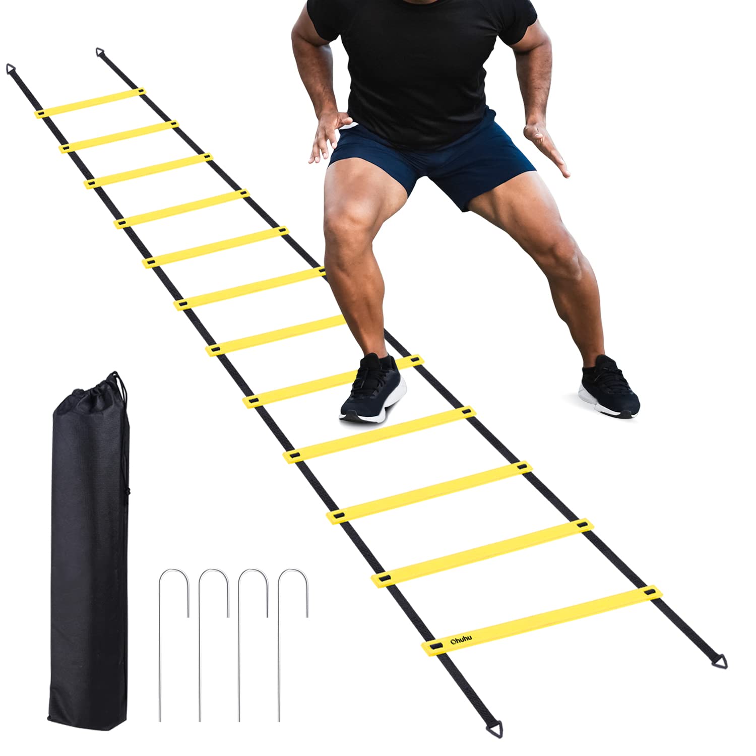 Ohuhu Agility Ladder, Speed Training Exercise Ladders for Soccer Football Boxing Footwork Sports Speed Agility Training with Carry Bag,15ft 12 Rung,Yellow/Blue