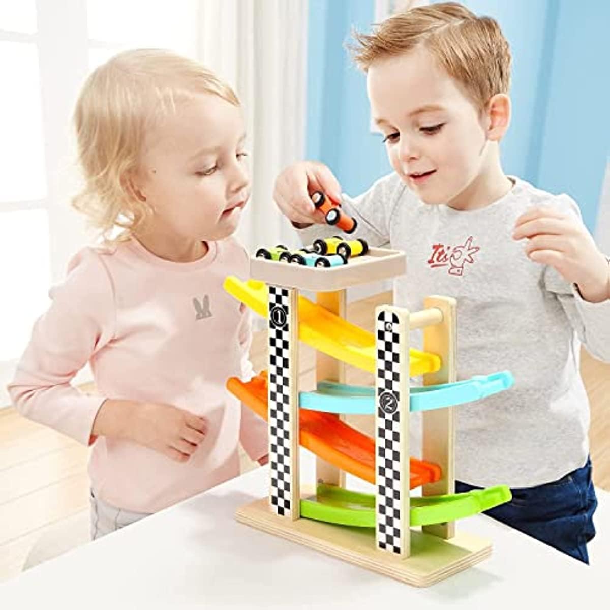 Montessori Toy for 1-3 Years Old Boys and Girls, Kid Wooden Race Track Car, Toddler Ramp Racer Set with 4 Mini Cars & 4 Ramps, Perfect for Babies' Birthday Gifts, Visit Gifts