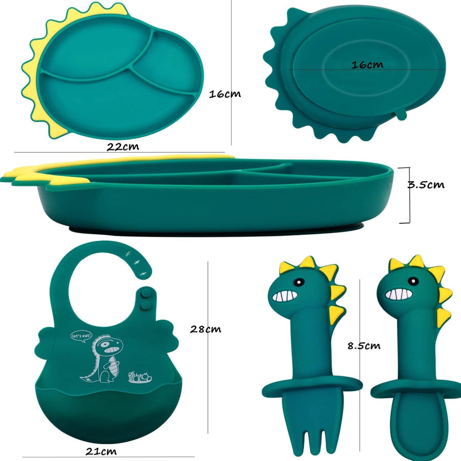 Baby Feeding Set, Silicone Suction Plate Dinosaur Shape SelfFeeding Adjustable Bib, Suction Plate for Baby Toddler with Spoon Fork Adjustable Bib Set (Blue)