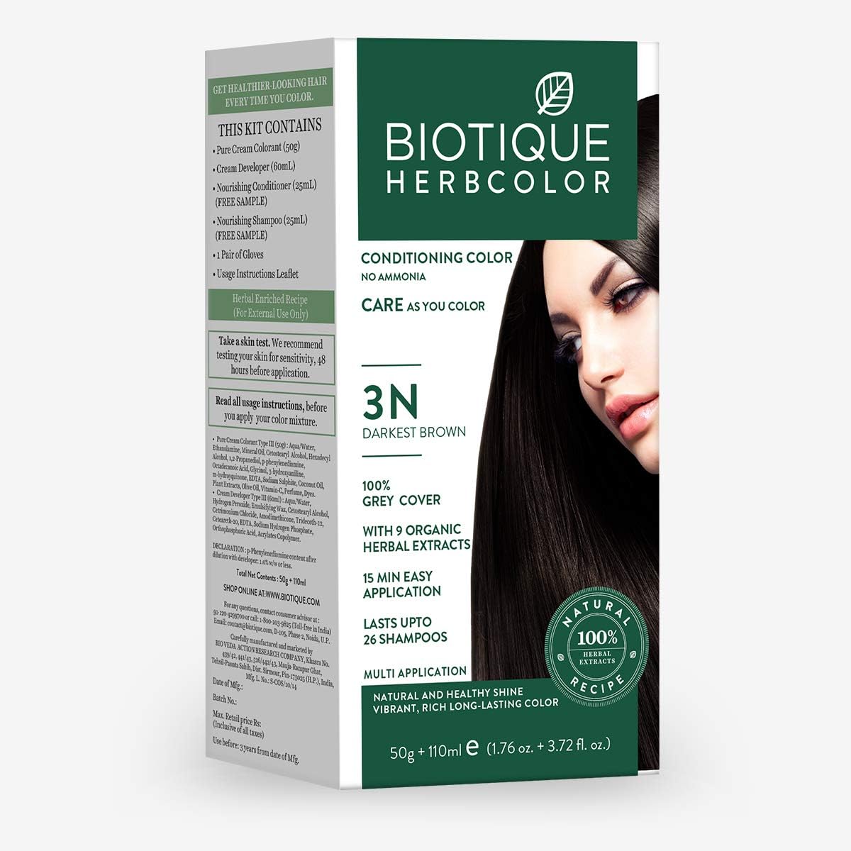 Biotique Bio Herbcolor 3N Darkest Brown Hair Color, 100% Grey Cover, With 9 Organic Herbal Extracts, 50g+110ml