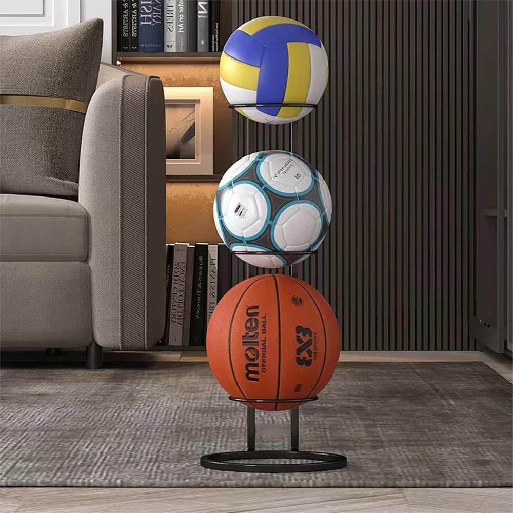 Owving Basketball Rack Home Basketball Organizer Freestanding 3 Tier Storage Holder Indoor Outdoor Movable Vertical Display Stand for Volleyball Football Basketball