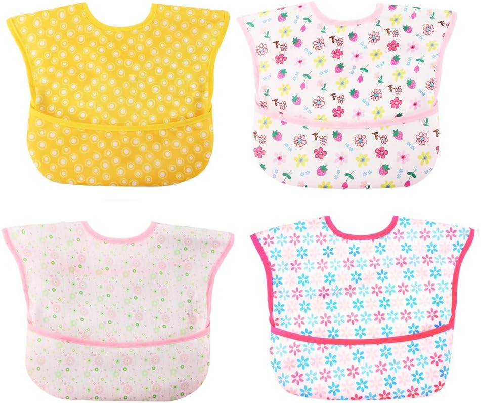 Baby bibs Waterproof Feeding Bibs with Crumb Catcher Pocket 4pcs Wipeable Stain Soft Adjustable Snaps bibs For Infants and Toddlers(Color2)