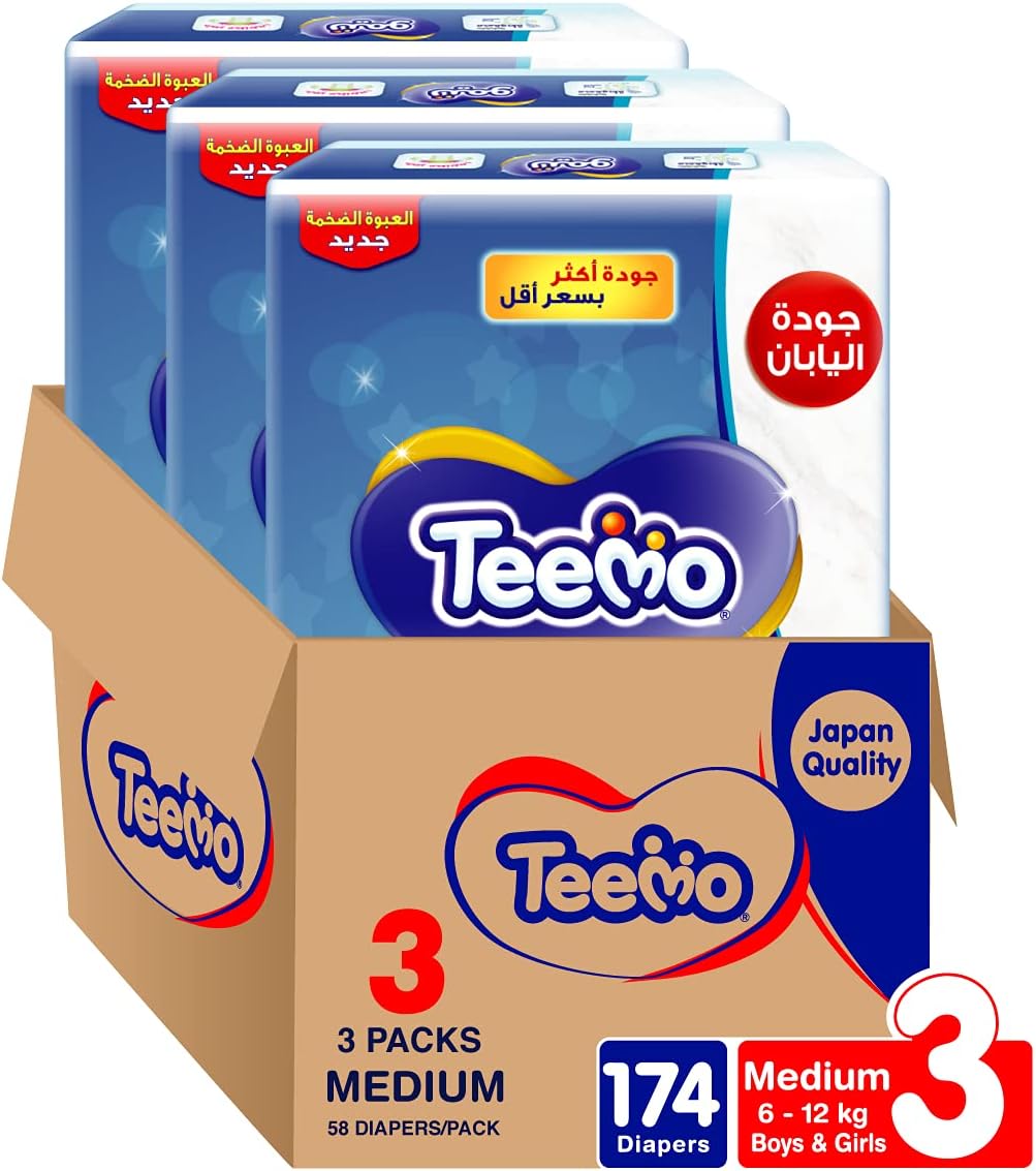 Teemo Baby Diapers, Size 3, Medium, 6-12 kg, Jumbo Pack