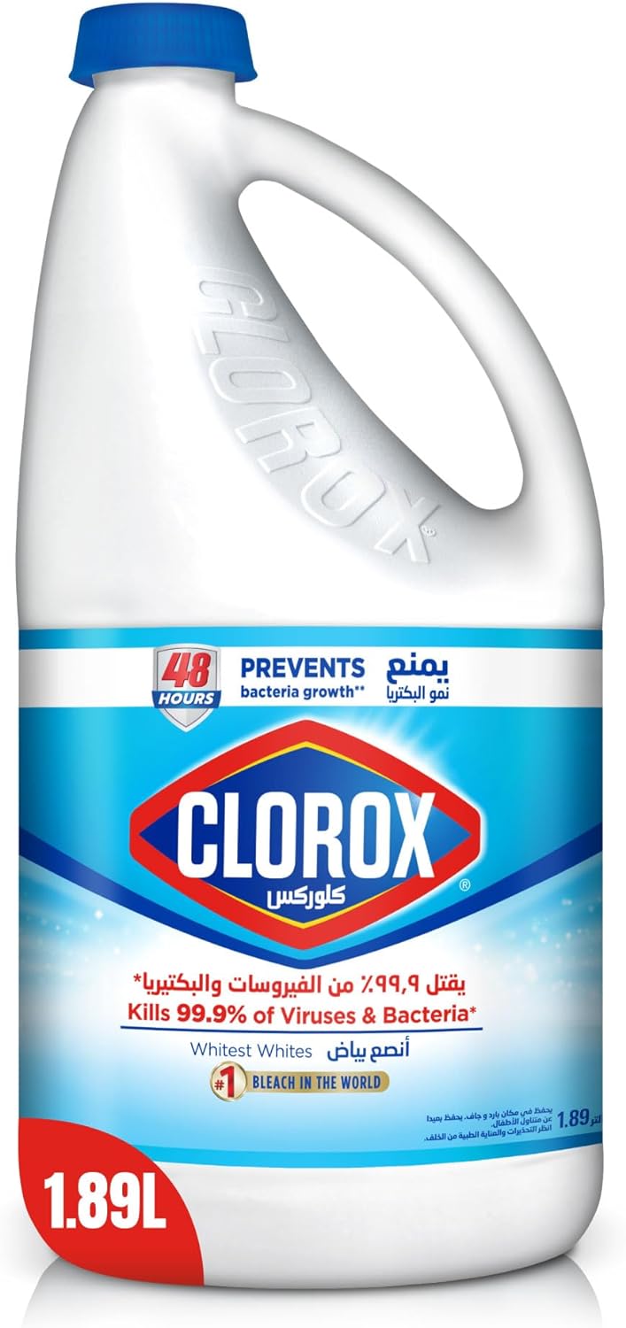 Clorox Liquid Bleach 1.89L, Kills 99.9% of Viruses and Bacteria, Inhibits Bacteria Growth for 48 Hours, Removes Stains