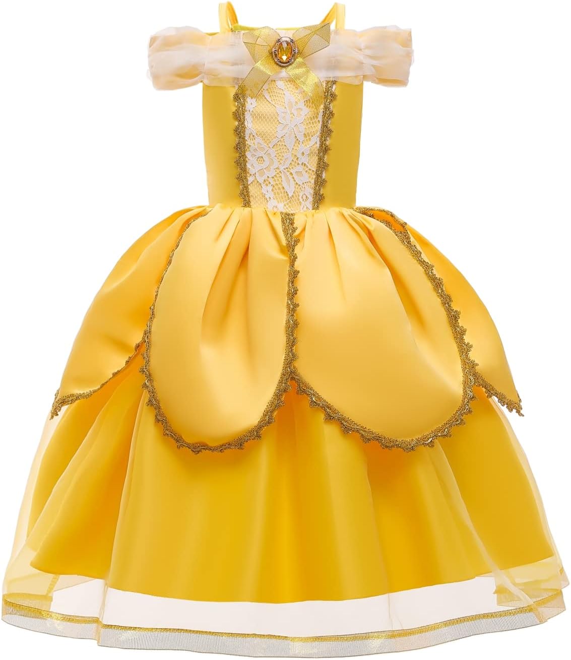NOVOLAN Girls Princess Dress Children Princess Cosplay Dress Kids Party Attire, 4 Layer Skirt Yellow Short-Sleeved Long Dress, Costumes for Girls Castle Princess Style, Height 90cm-160cm