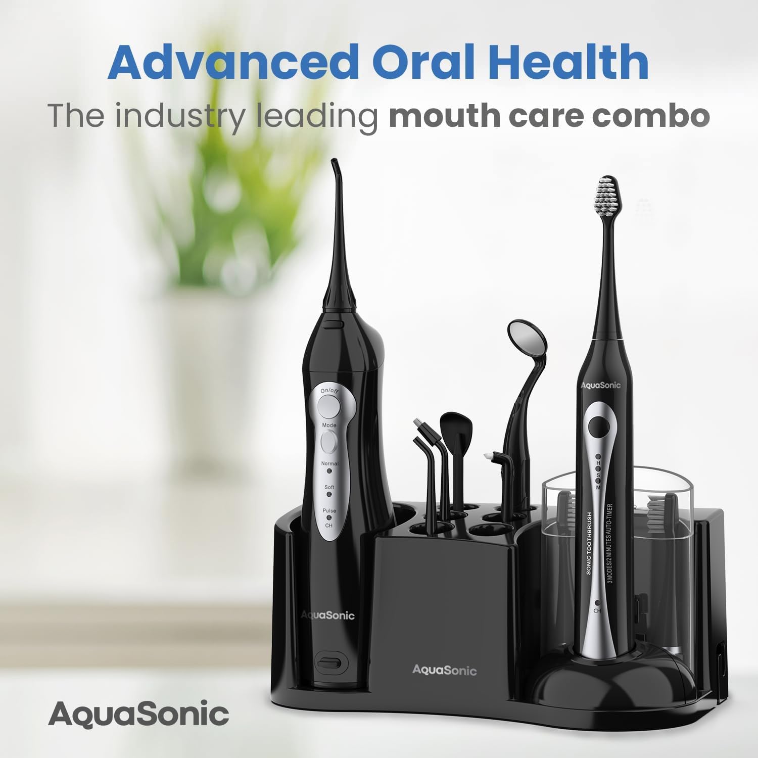 AquaSonic Home Dental Center Rechargeable Power Toothbrush & Smart Water Flosser - Complete Family Oral Care System - 10 Attachments and Tips Included - Various Modes & Timers (Black)