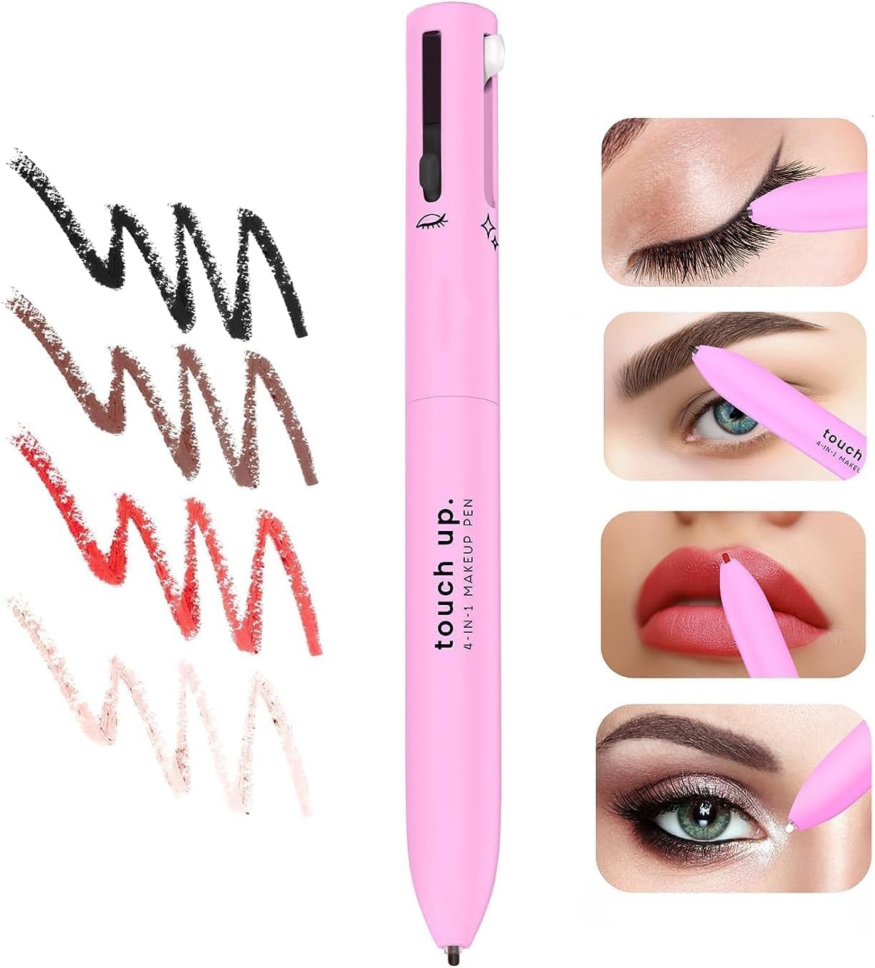 Pretocter 4-in-1 Makeup Pen, Multi-Functional Makeup Pencil with Black Eye Liner/Brown Brow Liner/Pink Lip Liner/Champagne Highlighter All-in-One, Waterproof Touch Up Makeup Pen Travel Cosmetic Tool