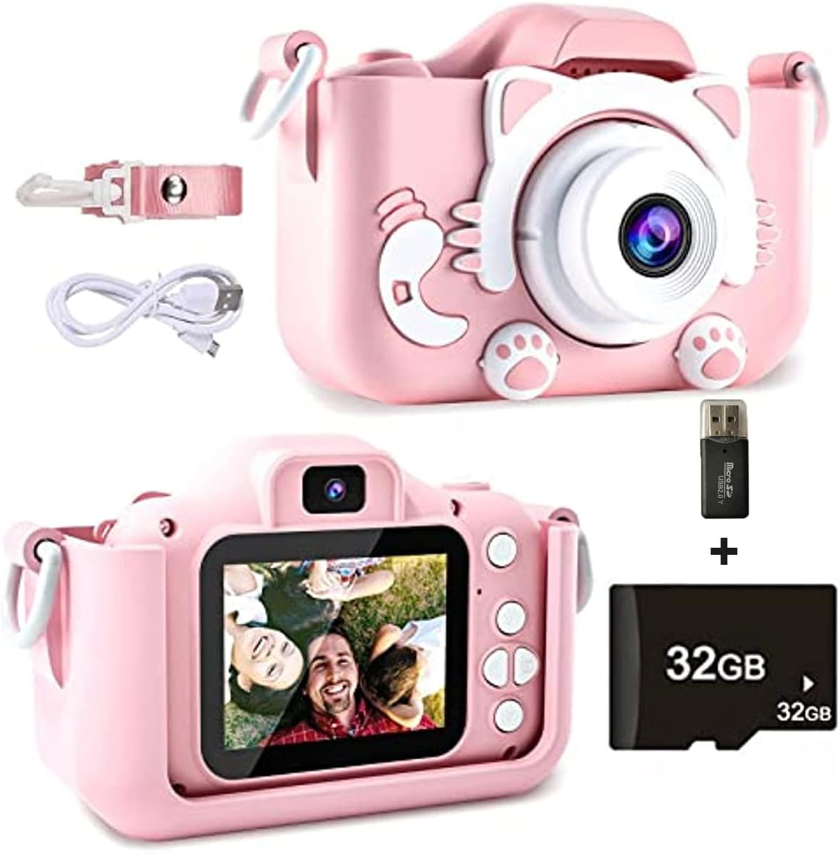 Malay Kids Camera,1080P HD Digital Video Camera Toy for 3-12 Year Old Boys/Girls, Birthday Festival Gifts for Kids,USB Rechargeable Kids Selfie Camera with 32GB SD Card and card reader(Pink)