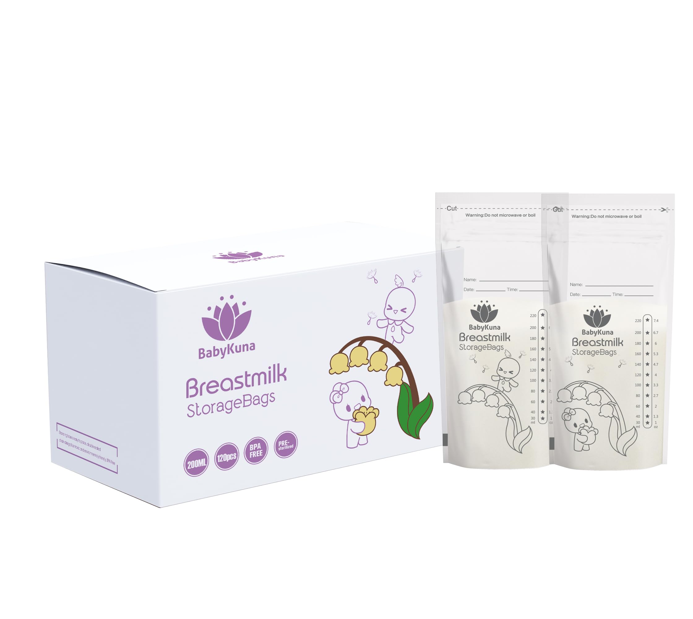 Babykuna Premium Breast Milk Storage Bags - 120-Pack, 220ml, Double Zipper, Self-Standing, Leak-Proof, Pre-Sealed