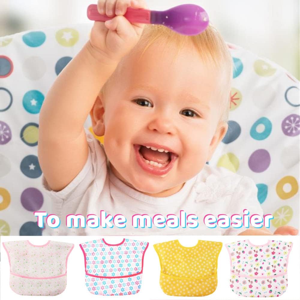 Baby bibs Waterproof Feeding Bibs with Crumb Catcher Pocket 4pcs Wipeable Stain Soft Adjustable Snaps bibs For Infants and Toddlers(Color2)