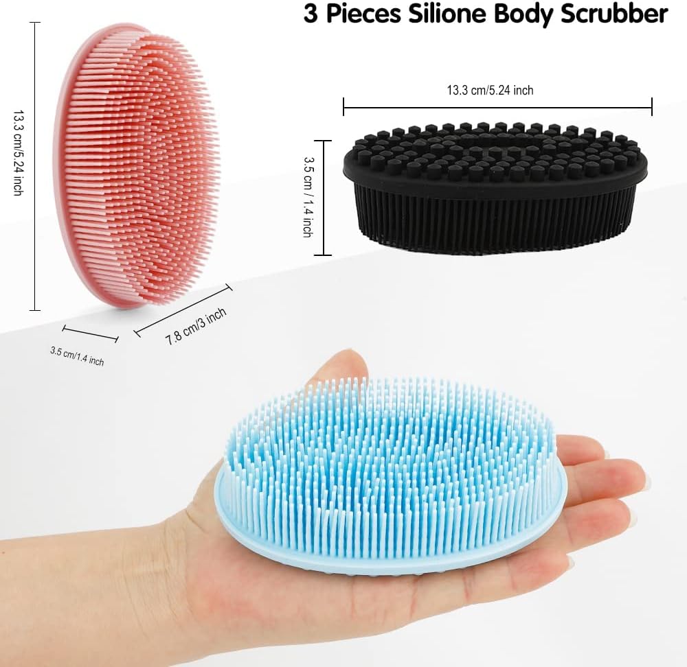3 Pack Silicone Body Scrubber, Soft Silicone Loofah Exfoliating Body Scrubber, Silicone Body Brush Bath Shower Scrubber for Body, 2 in 1 Bath and Shampoo Wash Brush for Skin Exfoliation Men Women Kid