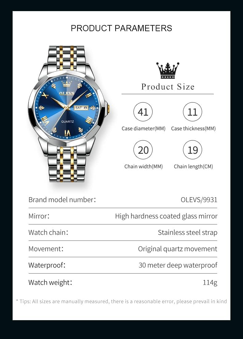 OLEVS Watch for Men Waterproof Blue Dial Mens Dress Watches Luxury Two Tone Stainless Steel Wrist Watch with Day Date, Fashion Classic Classic Sports Quartz Watch Big Face…