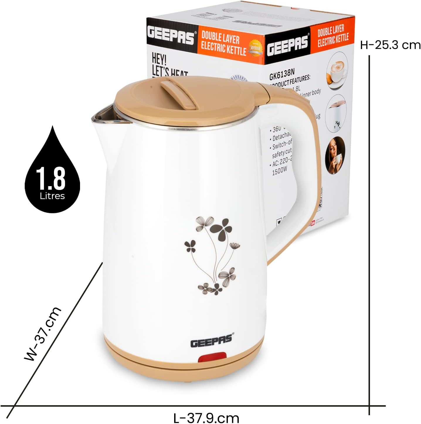 Geepas Double Layer Electric Kettle, Cordless |Stainless Steel Inner, Boil Dry Safety & Auto Shut Off | Heats Up Quickly Easily Boiler For Hot Water, Tea Coffee, White, 1.8L 1500W, GK6138