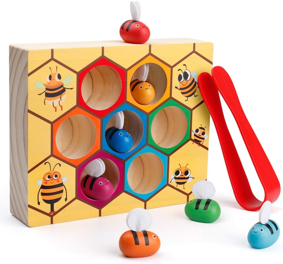لعبة تنمية المهارات الحركية الدقيقة للاطفال الصغار من كوجام، مشبك النحل لتضعه في الخلية المتطابقة العاب منتسوري لغز فرز الالوان الخشبية تعليمية قبل المدرسة للأطفال سن 3 و4 و5 سنوات، ألوان متعددة