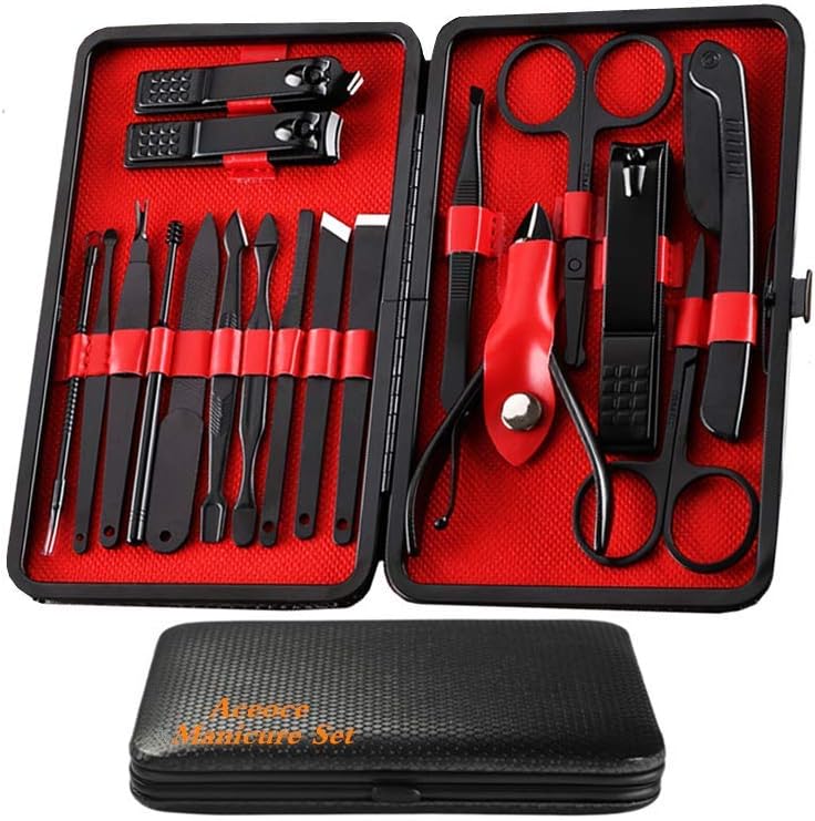 Manicure Set Men, Manicure Set Professional 18 Pcs Mens Grooming Kits Aceoce Stainless Steel Nail Care Tools with Luxurious Travel Case Pedicure Kit Gifts