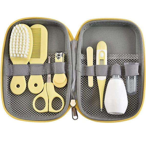 LinJie Baby Grooming Kit, 8 in 1 Baby Hair Brush/Nail Clipper/Nose Cleaner/Finger Toothbrush/Nail Scissors/Manicure Kit for Baby Body Care Grooming Set (Yellow)