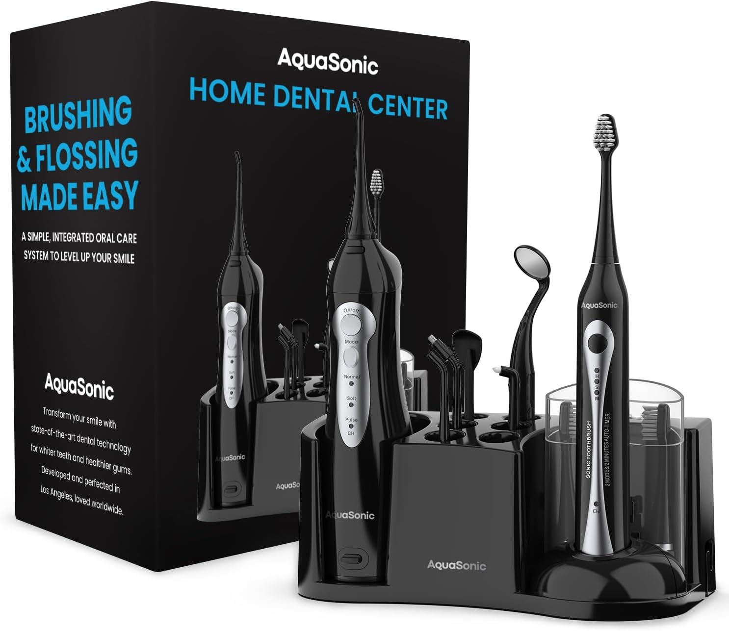AquaSonic Home Dental Center Rechargeable Power Toothbrush & Smart Water Flosser - Complete Family Oral Care System - 10 Attachments and Tips Included - Various Modes & Timers (Black)